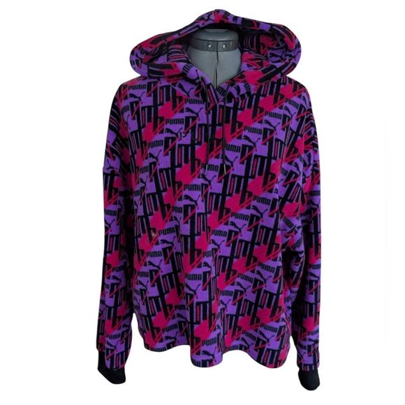 PUMA XTG 595635-64 Retro All-Over Print Fleece Hoodie Purple‎ Pink Women's Large - Picture 3 of 11